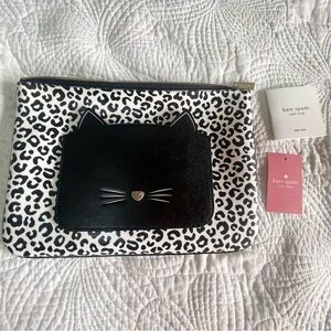 Kate Spade Black and White Meow Large Cat Zip Pouch Clutch Travel Organizer